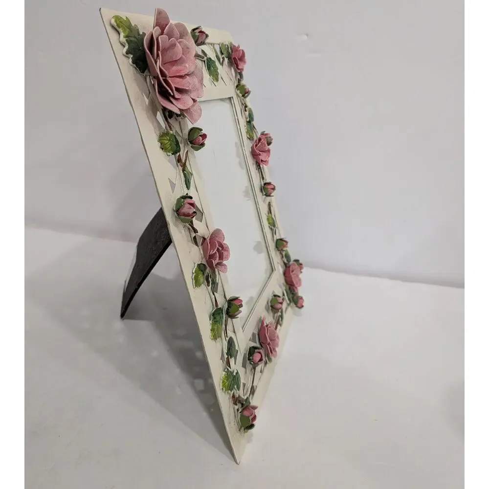 Shabby Chic Cottagecore Metal Lattice Floral Photo Frame 4x6 Tabletop Pink Rose